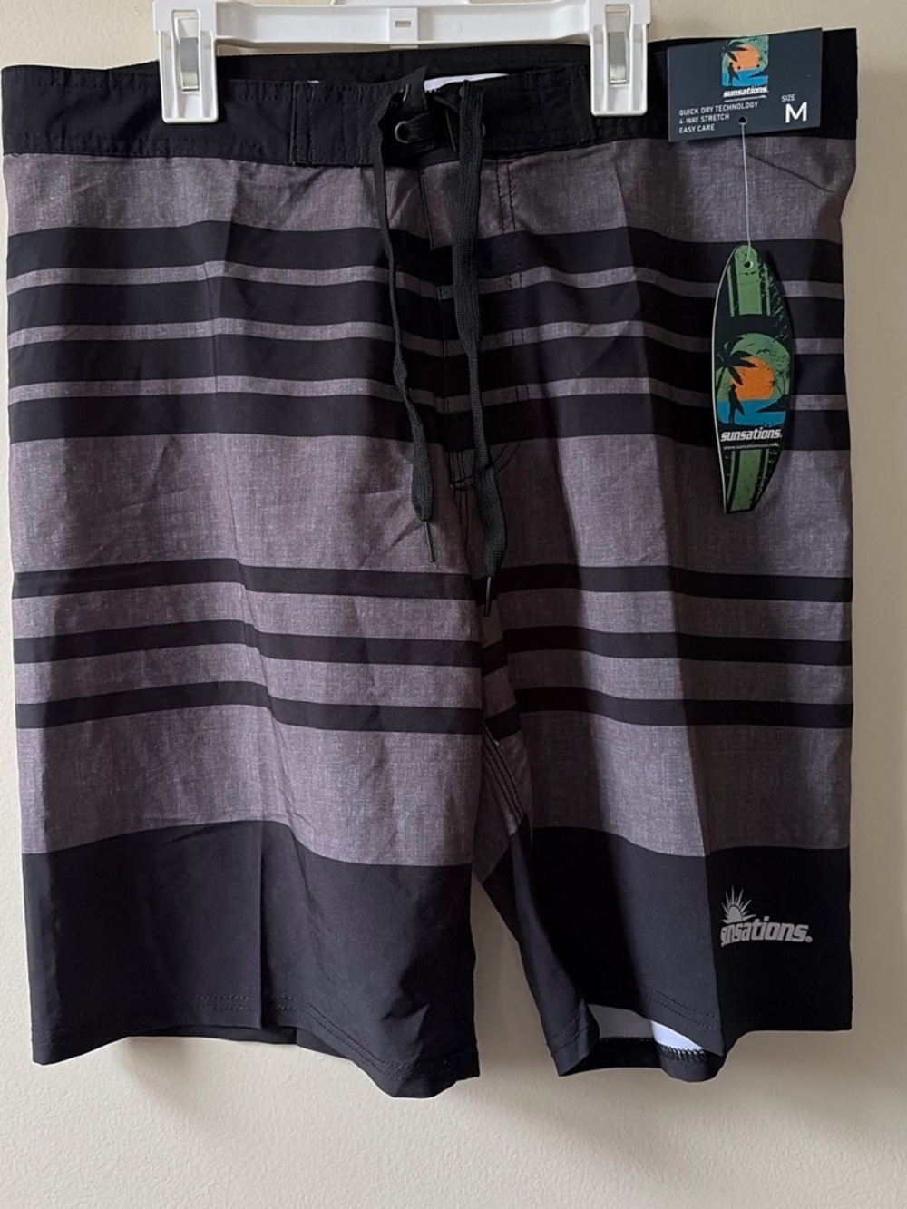 Sunations Men’s Black and Gray Striped Board Shorts
